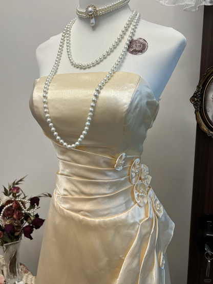 Simple A Line Strapless Flower Champagne Satin Short Homecoming Dress Cocktail Dress SH2990