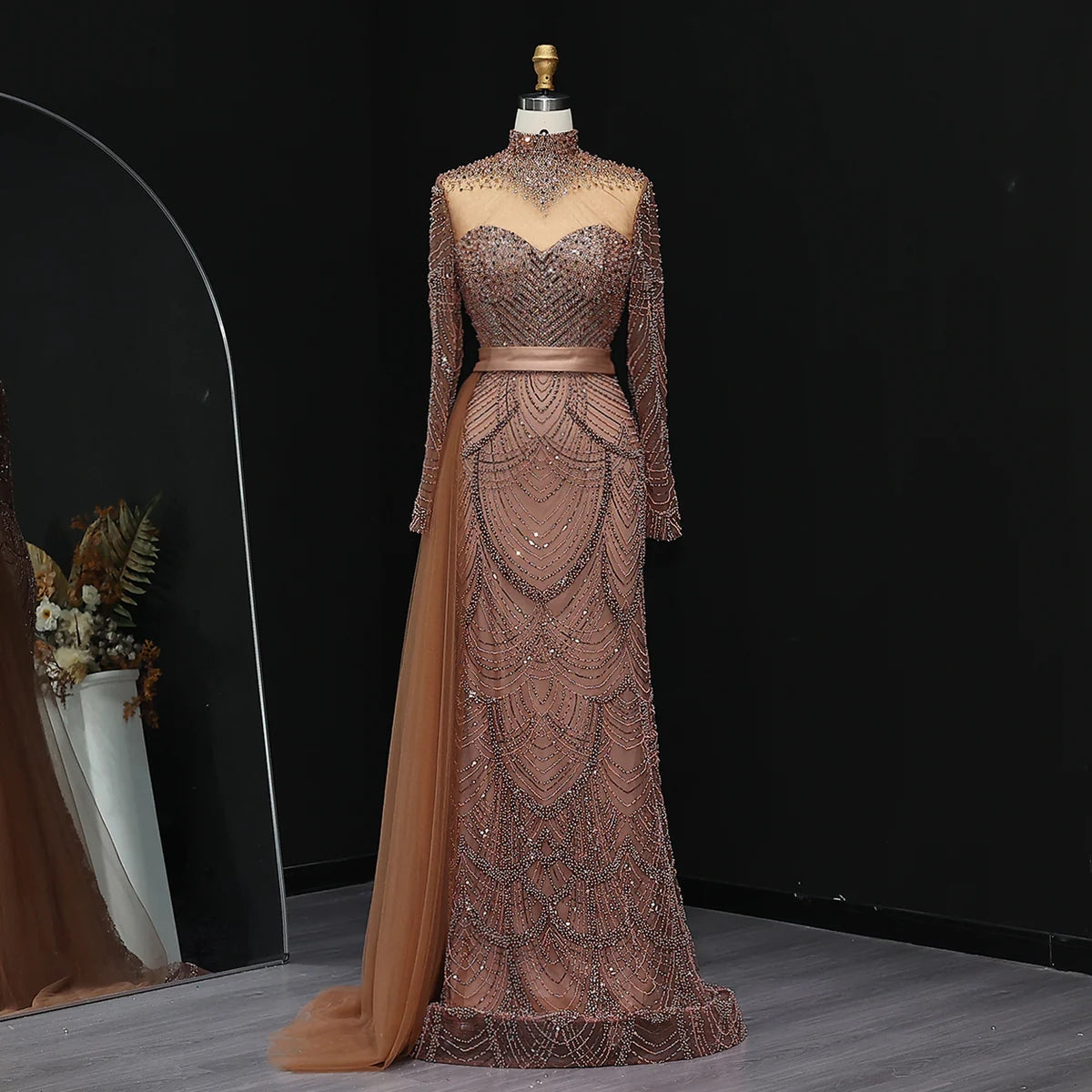 Stunning Brown Long Sleeve High Neck Evening Dress SS015