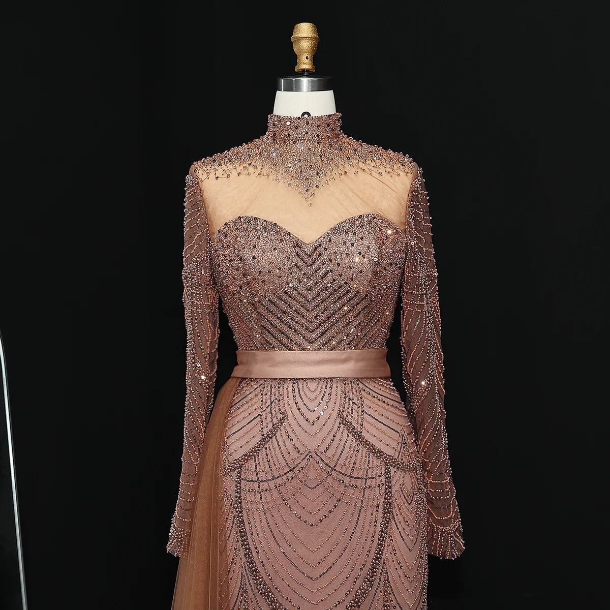 Stunning Brown Long Sleeve High Neck Evening Dress SS015