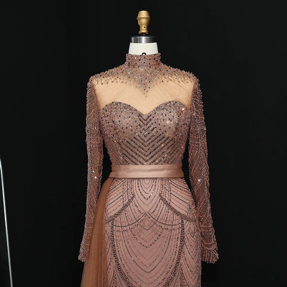 Stunning Brown Long Sleeve High Neck Evening Dress SS015