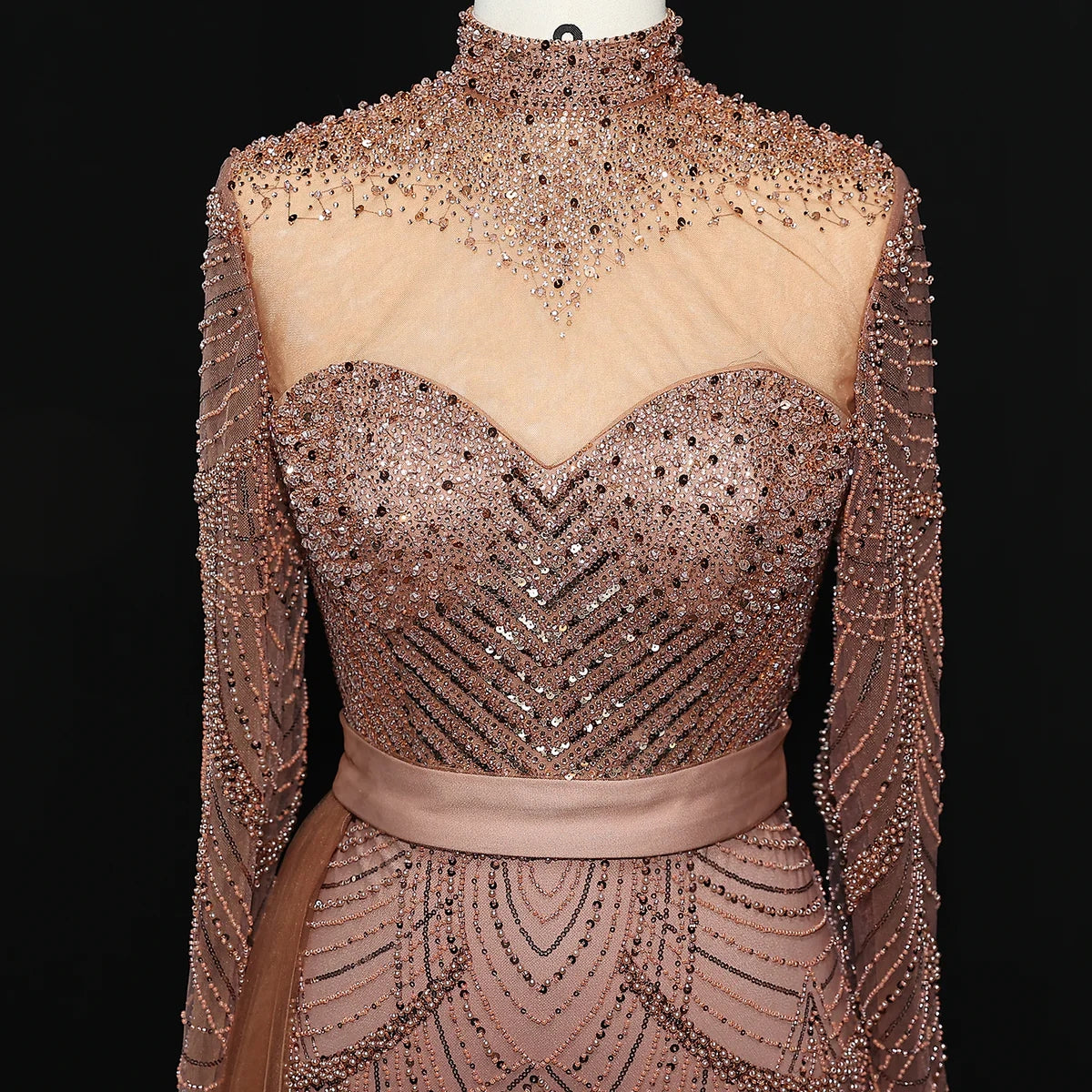 Stunning Brown Long Sleeve High Neck Evening Dress SS015