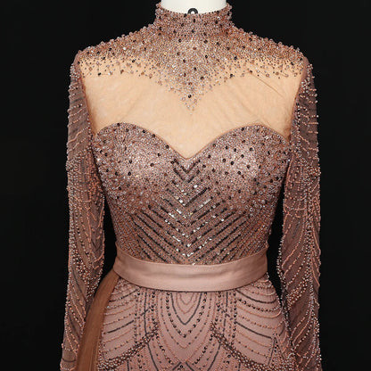 Stunning Brown Long Sleeve High Neck Evening Dress SS015