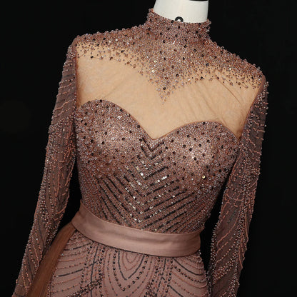 Stunning Brown Long Sleeve High Neck Evening Dress SS015