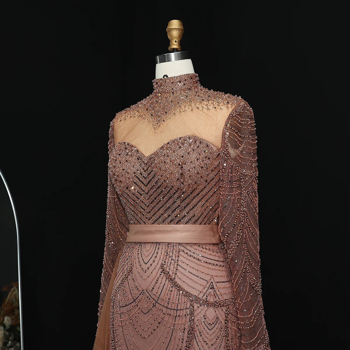 Stunning Brown Long Sleeve High Neck Evening Dress SS015
