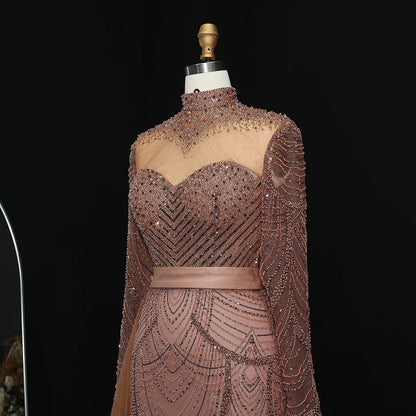 Stunning Brown Long Sleeve High Neck Evening Dress SS015