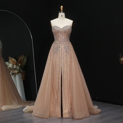 Strapless champagne evening dress with overskirt SS360