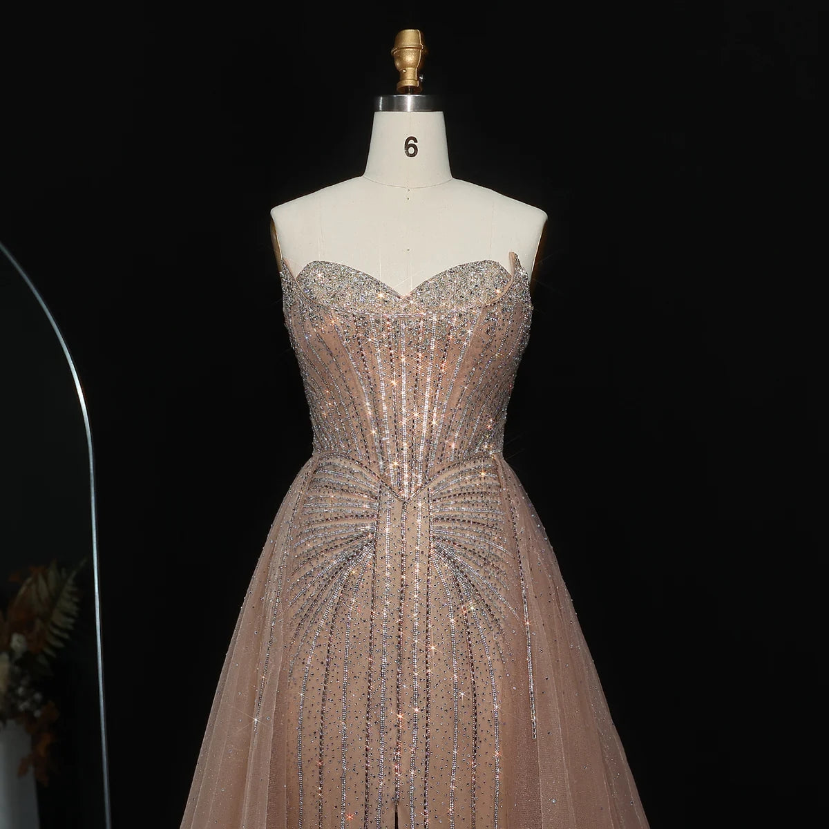Strapless champagne evening dress with overskirt SS360