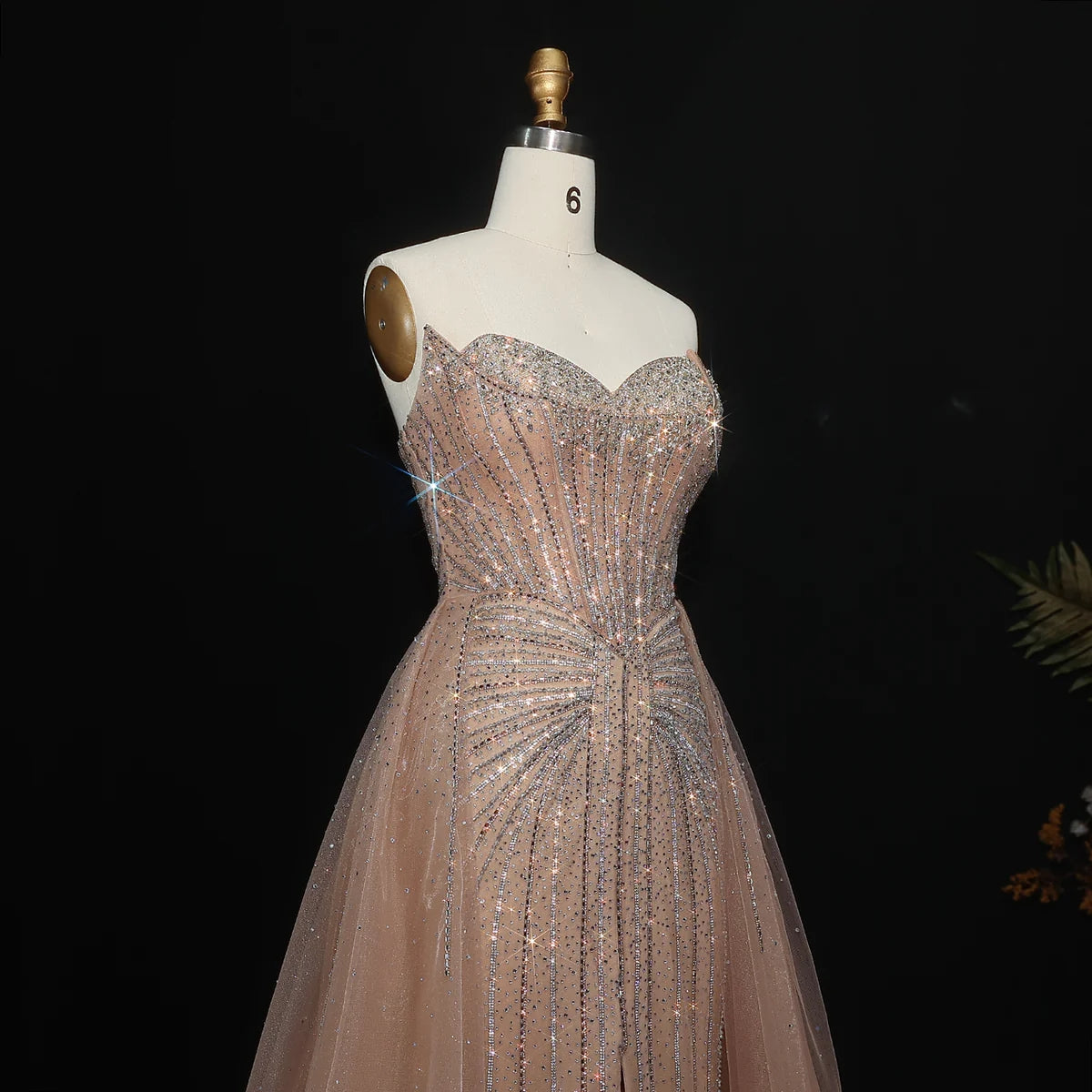 Strapless champagne evening dress with overskirt SS360