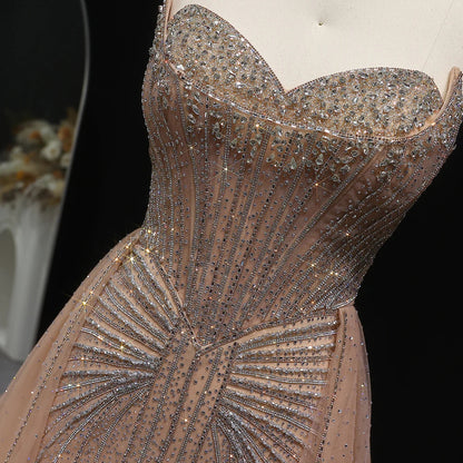 Strapless champagne evening dress with overskirt SS360