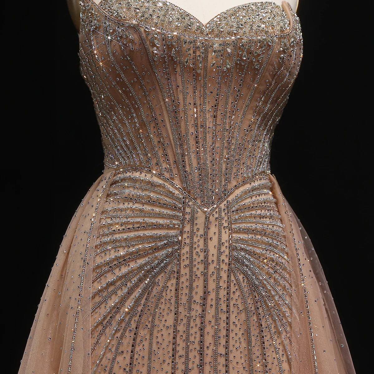 Strapless champagne evening dress with overskirt SS360
