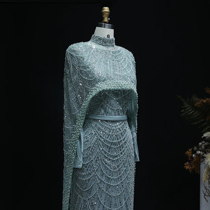 Nude Luxury Long Sleeves Muslim Evening Dresses with Cape SS369A