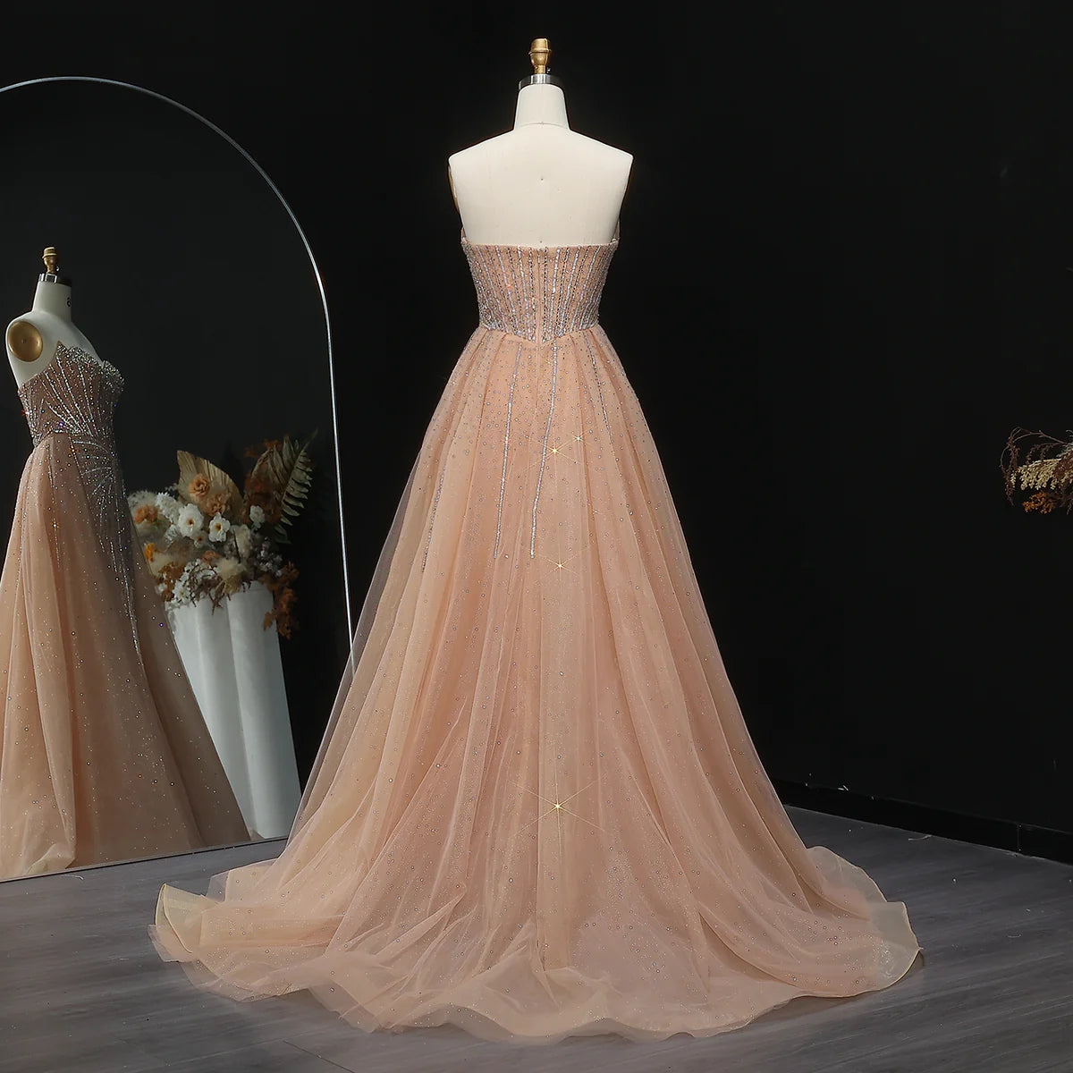 Strapless champagne evening dress with overskirt SS360