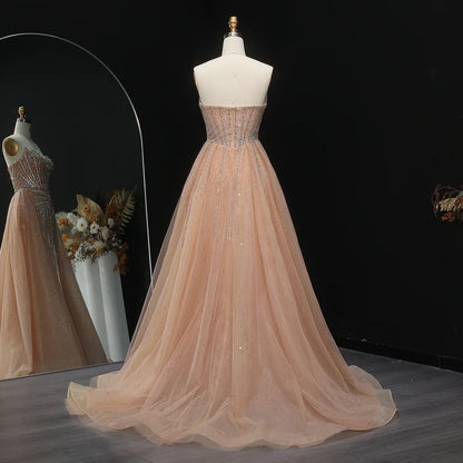 Strapless champagne evening dress with overskirt SS360