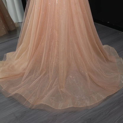 Strapless champagne evening dress with overskirt SS360