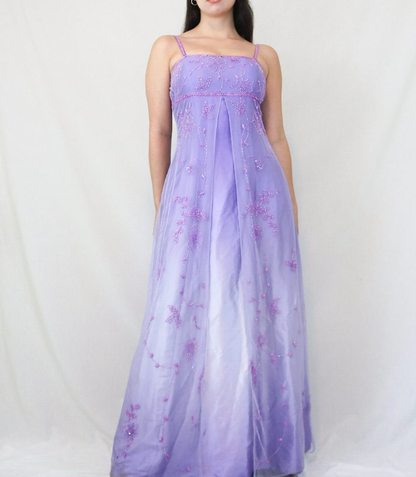 Vintage A Line Spaghetti Strap Beaded Blue Ombre Satin Tulle Party Dress Evening Dress SH2792