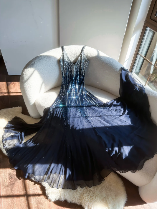 Gorgeous A Line Spaghetti Strap Beaded Sequin Navy Blue Chiffon Long Prom Dress Evening Dress SH2982