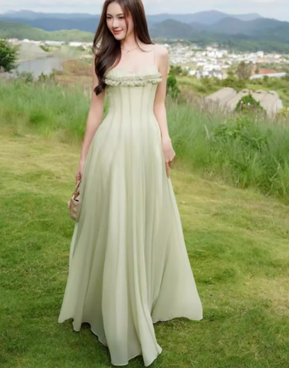 Gentle A Line Spaghetti Strap Green Chiffon Long Prom Dress Party Dress SH3021