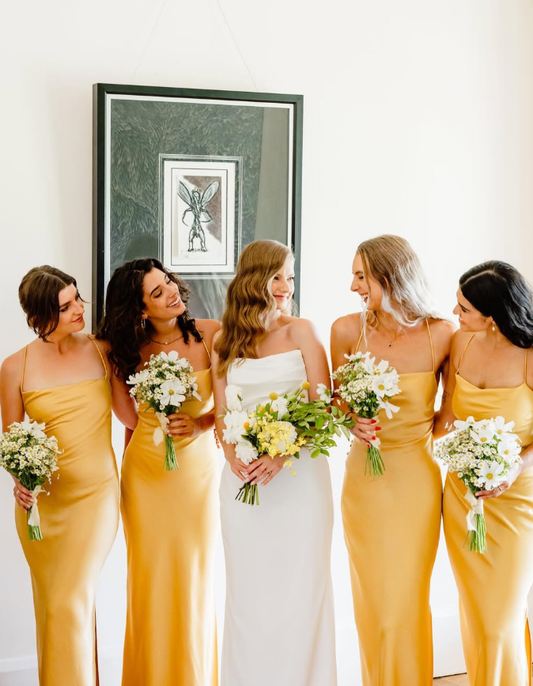 Simple Sheath Spaghetti Strap Yellow Satin Long Party Dress Bridesmaid Dress with Slit SH2789