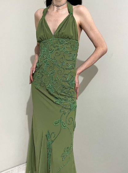 Vintage Sheath Halter Green Beaded Chiffon Open Back Evening Dress Party Dress SH2693