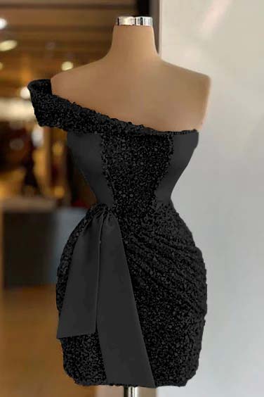 Hellodresses Sleeveless One Shoulder Short Sequins Homecoming Dress Pleated With Belt