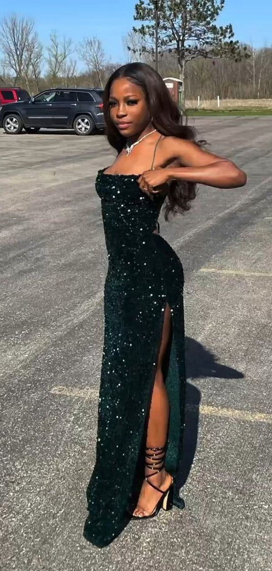 Mermaid Sequins Dark Green Long Prom Dresses Split Birthday Outfits