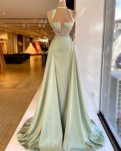 Elegant Halter Green Prom Dress Long Shawl Mermaid Dress HT0051
