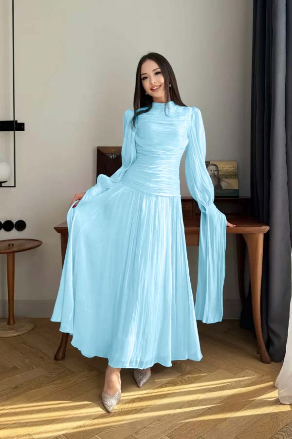 Playful Blue High-Neck Prom Dress Long Sleeves Pleated Floor Length CY0252