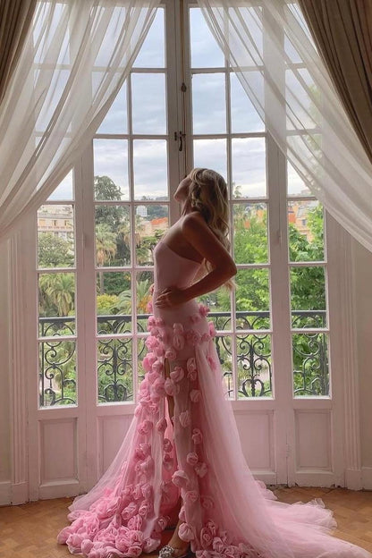 Amazing Pink Satin Strapless Sleeveless Tulle Split Prom Dress with Flowers | Zelldresses