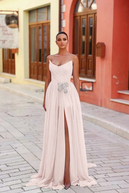 Strapless Sleeveless Long Split Prom Dress With Pleated Beading WQ0269