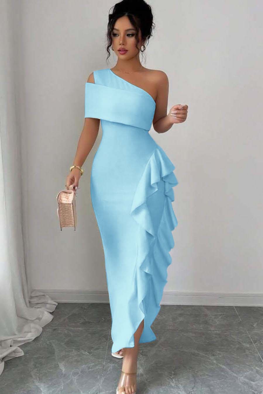 One Shoulder Sleeveless Long Split Prom Dress With Pleated Ruffles XJ0748
