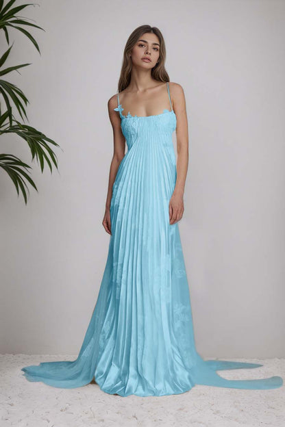 Stunning Spaghetti-Straps Pleated Sheath Appliques Prom Dress With Detachable Train XJ0176