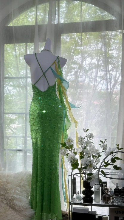 Shiny Sheath Spaghetti Strap Sequin Beaded Green Chiffon Open Back Party Dress Evening Dress SH2874