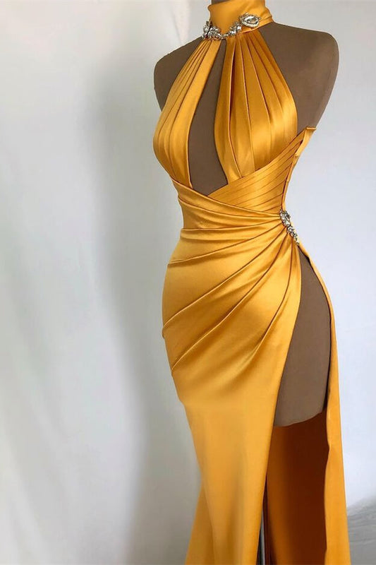 Chic Gold Slit Halter Mermaid Prom Dress | Zelldresses