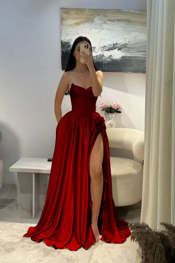 Elegant Pink Satin Strapless Beaded Sleeveless Pleated Split Prom Dress | Zelldresses