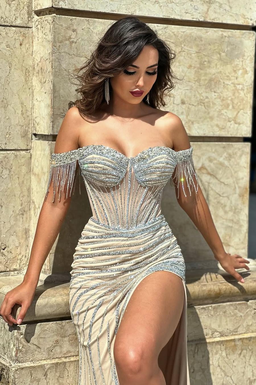 Beautiful Champange Sequins Off the Shoulder Strapless Sweetheart Long Split Prom Dress with Beadings | Zelldresses