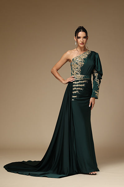 One Shoulder Dark Green Prom Dress Long Sleeve With Lace Printing YX0014