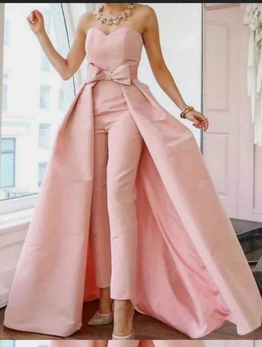 Okdais Pink Jumpsuits Evening Dresses Formal Occasion Dresses Back Sexy Engagement Sweetheart Sleeveless Detachable Bow JP0025