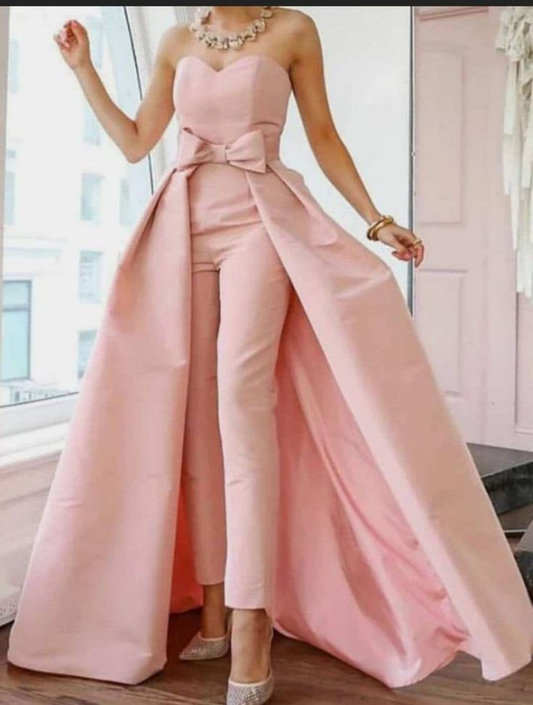 Pink Jumpsuits Evening Dresses Formal Occasion Dresses Beautiful Back Sexy Engagement Sweetheart Sleeveless Detachable Bow | Zelldresses
