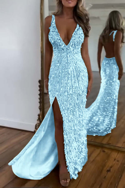 Charming Gold Sequins Spaghetti Strap Sleeveless V Neck Long Prom Dress with Split | Zelldresses