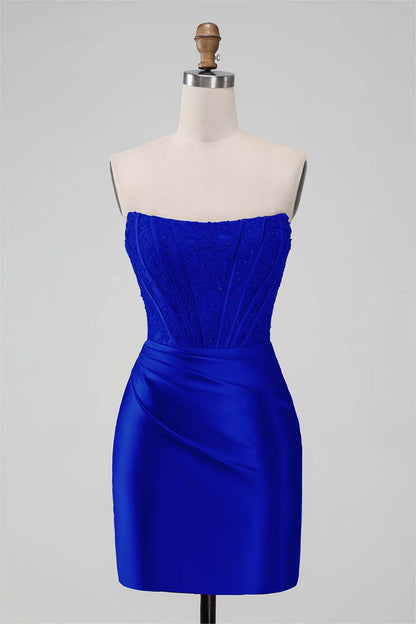 Red Satin Strapless Sleeveless Pleated Short Homecoming Dress with Embroidery HC0005