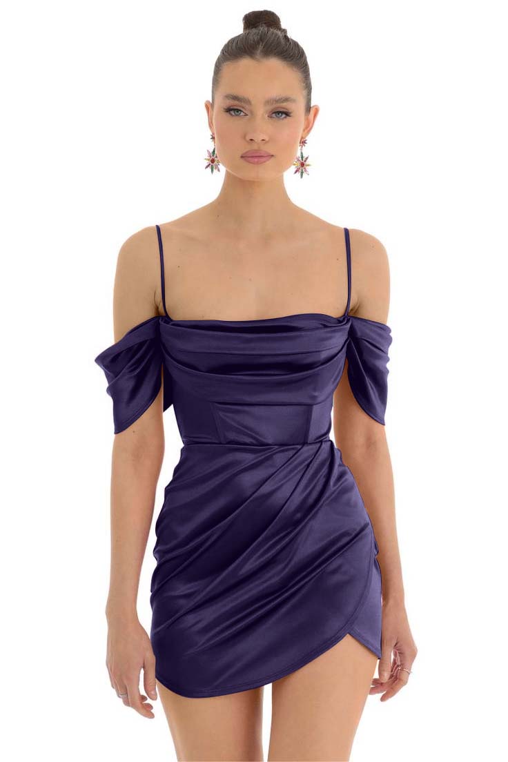 Hellodresses Simple Fuchsia Satin Spaghetti Strap Off the Shoulder Pleated Short Homecoming Dress