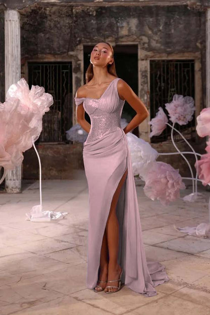 Sleeveless One Shoulder Long Split Prom Dress With Pleated Sequin JQ0247