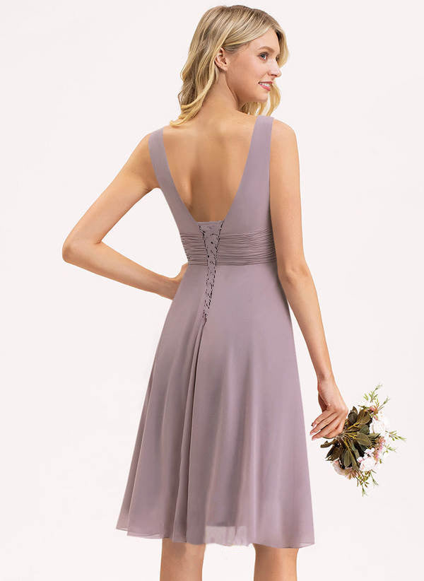 Simple Dusk Chiffon V Neck Sleeveless High Waist Pleated Short Bridesmaid Dress RO047