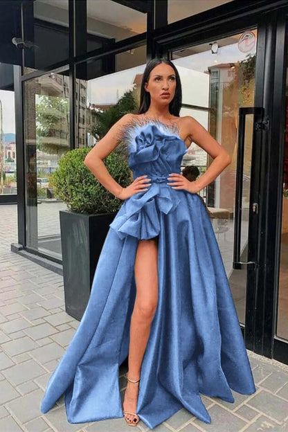 Black Long Split Prom Dress With Feather | Zelldresses