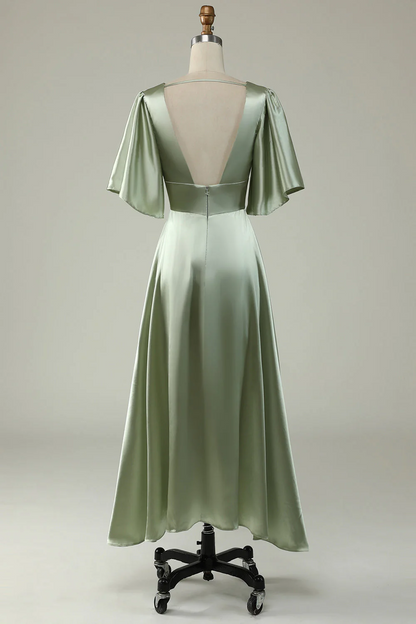 A Line Deep V Neck Light Green Bridesmaid Dress with Half Sleeves YU0057