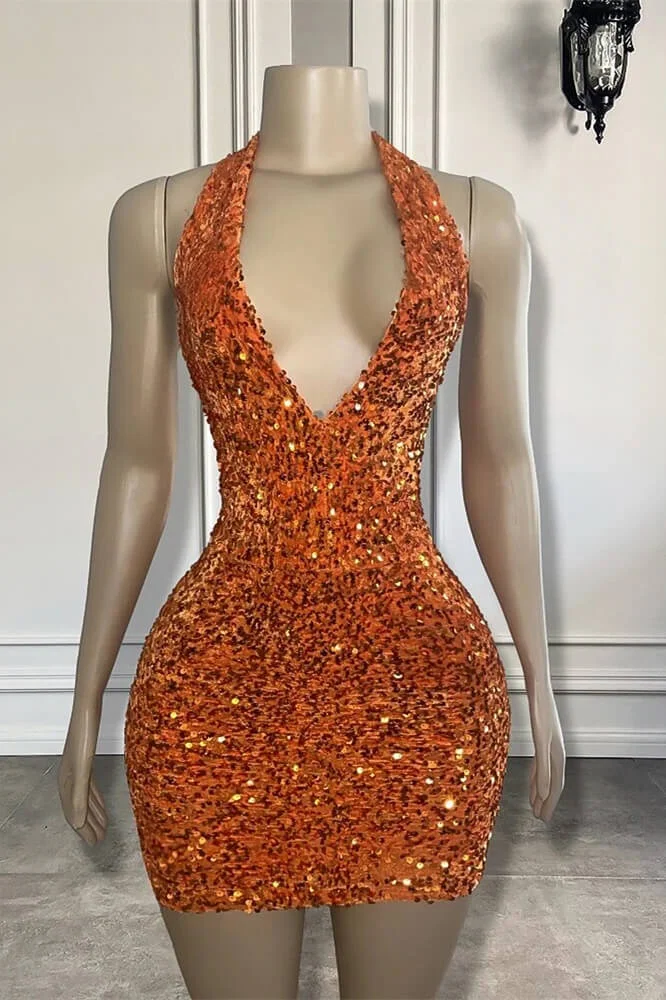 Hellodresses Sequins Halter Sleeveless Deep V Neck Open Back Short Homecoming Dress