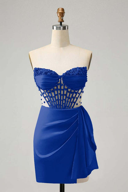 Strapless Sleeveless Pleated Short Homecoming Dress With Beading HC0131