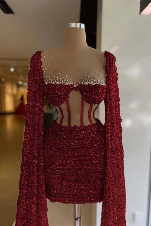 Hellodresses Sequins Square Long Sleeves Pleated Short Homecoming Dress With Beadings