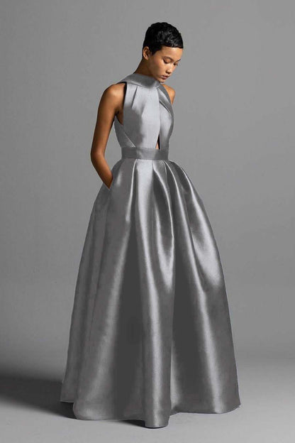 Exquisite Royal Blue Satin Halter Strapless Sleeveless A Line Prom Dress with Pleated | Zelldresses