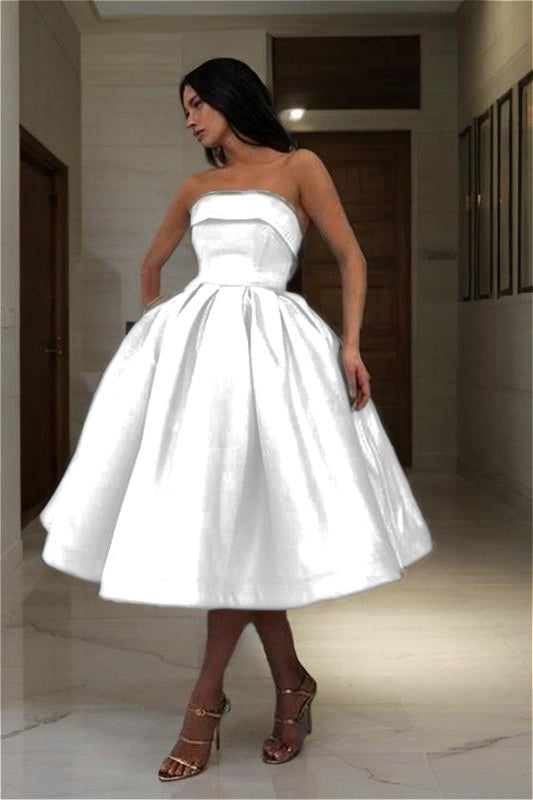 Charming Satin Strapless Sleeveless A Line Short Homecoming Dress with Pleated